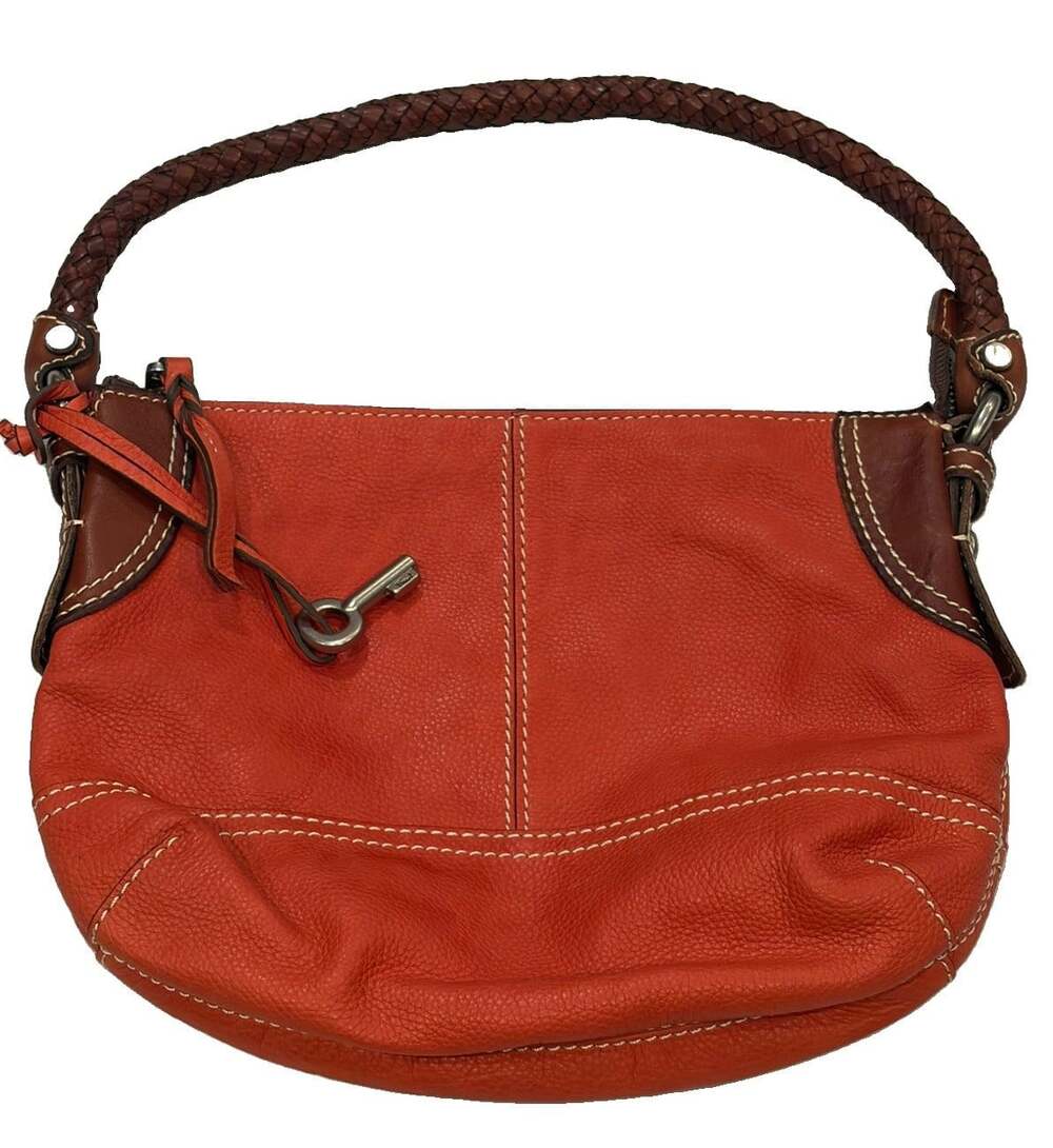 Authentic Fossil Leather Hobo Orange Shoulder Bag Purse Braided Handle 12x8x5